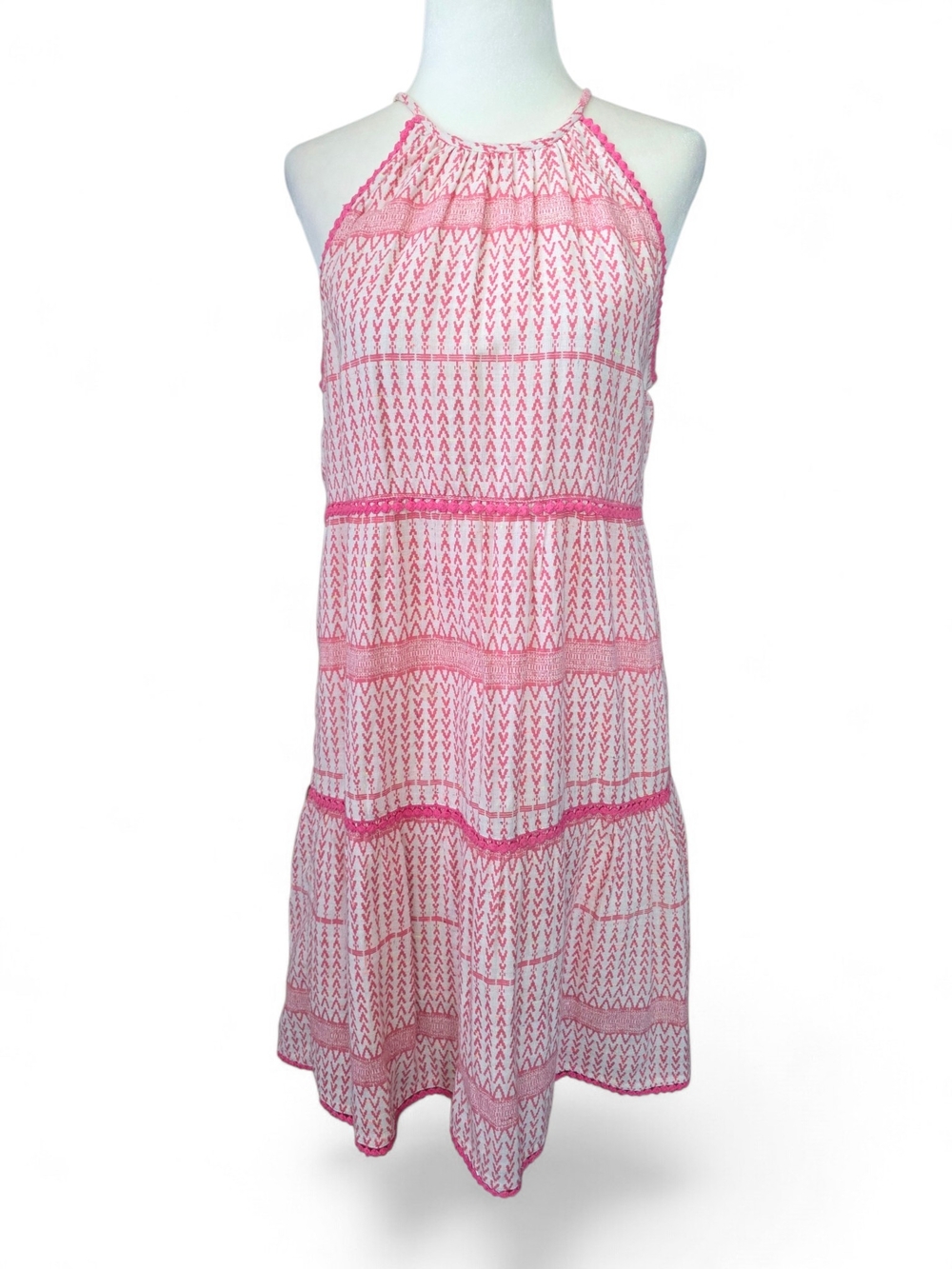 The Impeccable Pig Pink White Halter Style TIered Boho Mini Dress